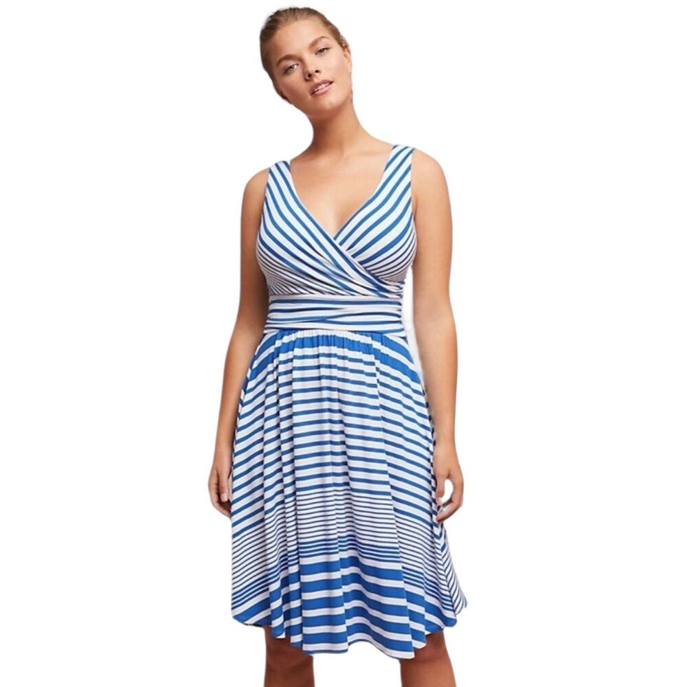 Anthropologie Maeve Blue Striped Sleeveless Faux Wrap Midi Dress Sz S NWT
